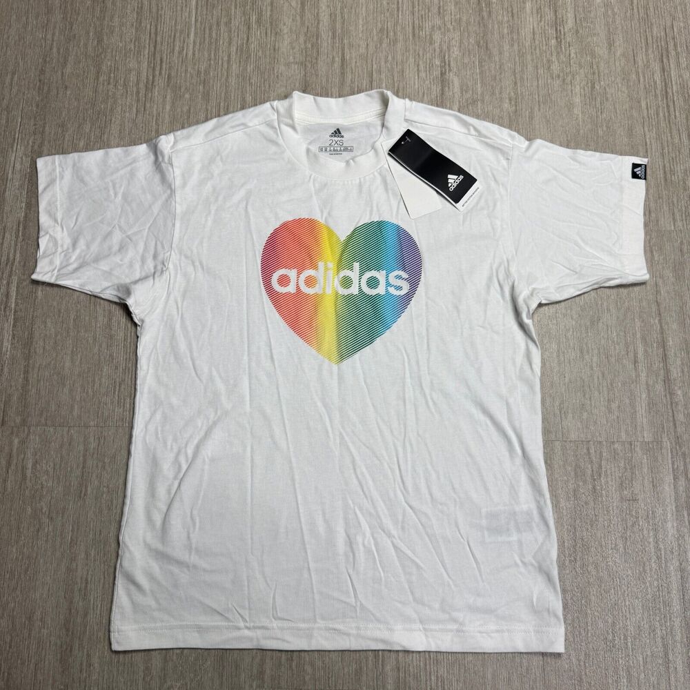 adidas Pride Heart Logo Tee Shirt 2XS White Unisex Adult NEW Crewneck Short Slv